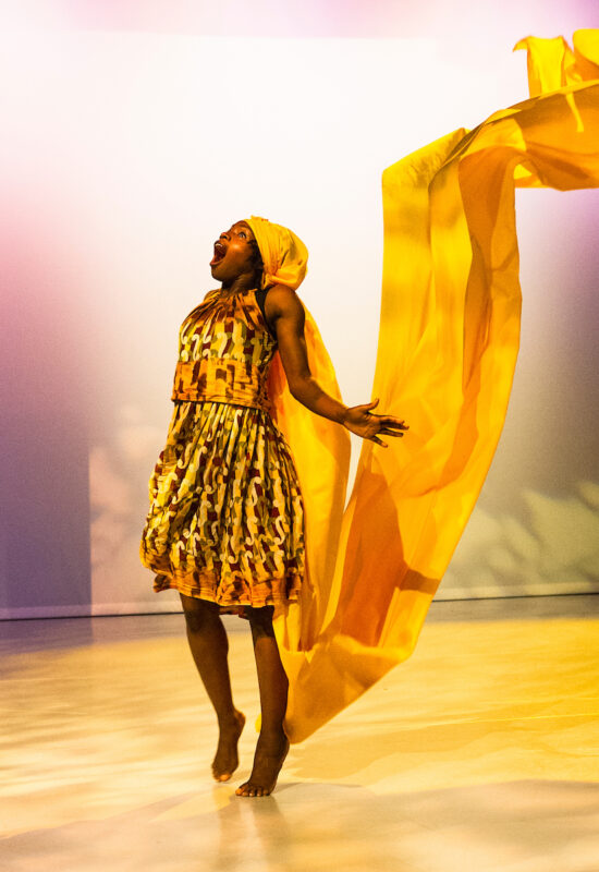 Image of The Head Wrap Diaries by Uchenna Dance at The Place. Performer Habibat Ajayi. Image by Foteini Christofilopoulou.
